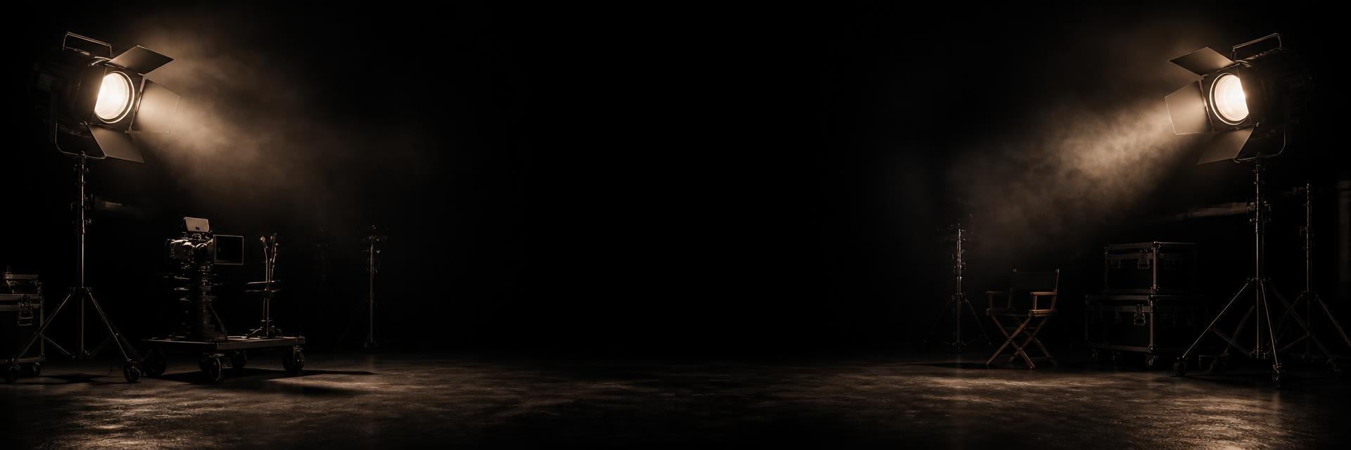 Cinematic studio stage with lights, haze, and equipment silhouettes